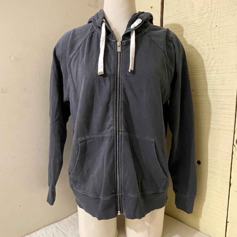 Athleta Womens Medium Charcoal Gray Blue Cotton Zip Raglan Hoodie Sweatshirt